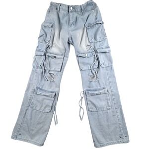 Y2K Baggy Ripped Cargo Womens Jeans Grunge Skater Light Wash Wide Leg Size‎ L